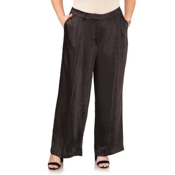 Vince Camuto Pants Pleated Wide Leg High Rise Flowy Satin Trousers Rich Black 14 - Picture 1 of 12